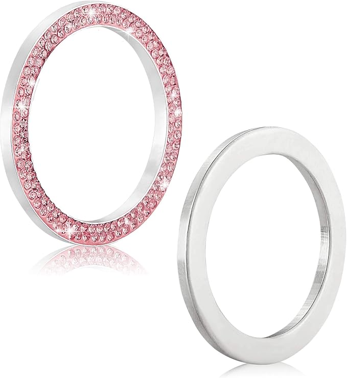 WINKA 2pcs Bling Car Engine Start Button Cover Diamond Crystal Push Start Stop Button Ring Sparkly Bling Ignition Button Cover Rhinestone Keyless Ignition Ring Universal Car Accessories (Pink)