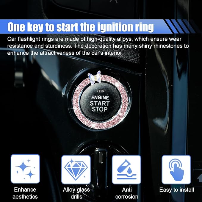 Bling Butterfly Car Engine Push Start Button Ring Sticker (Pink) | Crystal Rhinestone Auto Key Ignition Knob Ring Emblem, Sparkling Auto Interior Decoration Accessories for Women