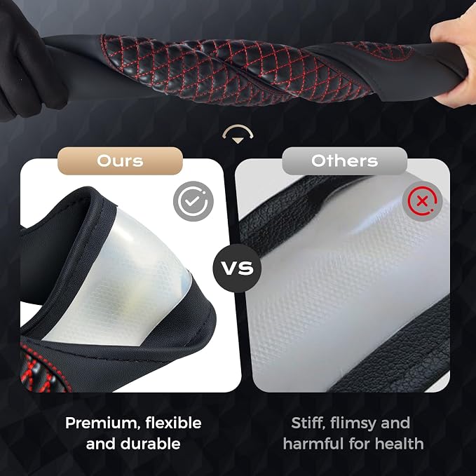 Coverado Car Steering Wheel Cover, Nappa Leather Black & Redline Steering Wheel Covers, Universal 14-15 inch, Anti-Slip, Breathable Steering Wheel Protector for Women Men