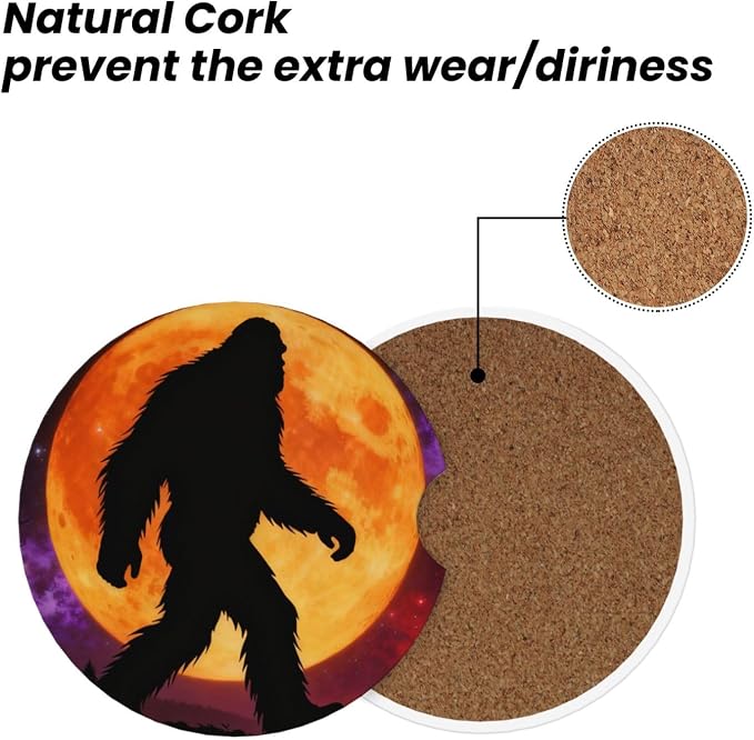 Bigfoot Moon Starry Sky Forest 2 Pack Car Cup Holder Coasters Absorbent Ceramic Drink Coasters 2.56" Anti Slip Cup Mat with Cork Base and Finger Notch Auto Accessories Interior for Women Men