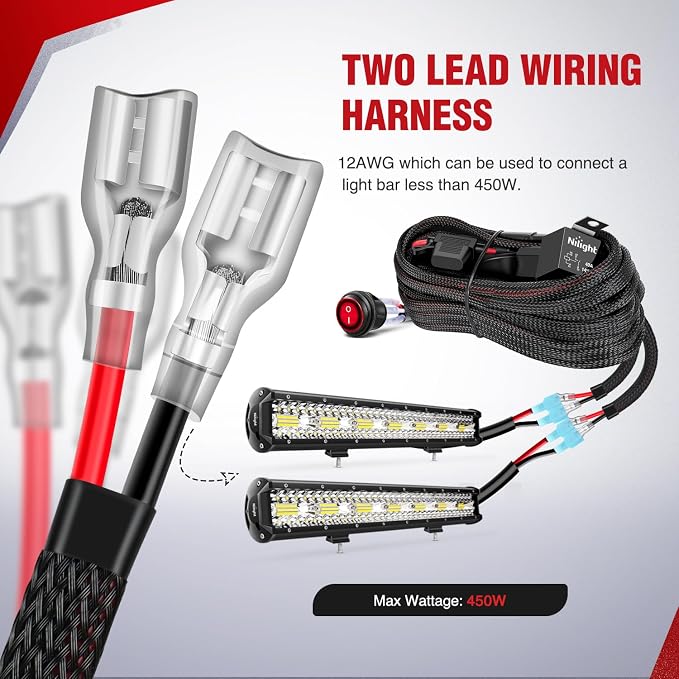 Nilight Wiring Harness Kit Nylon 12 AWG 2 Leads 12 V On Off Switch Power Relay Blade Fuse for LED Light Bar Off Road Lights on Cars Jeep Boat Trucks