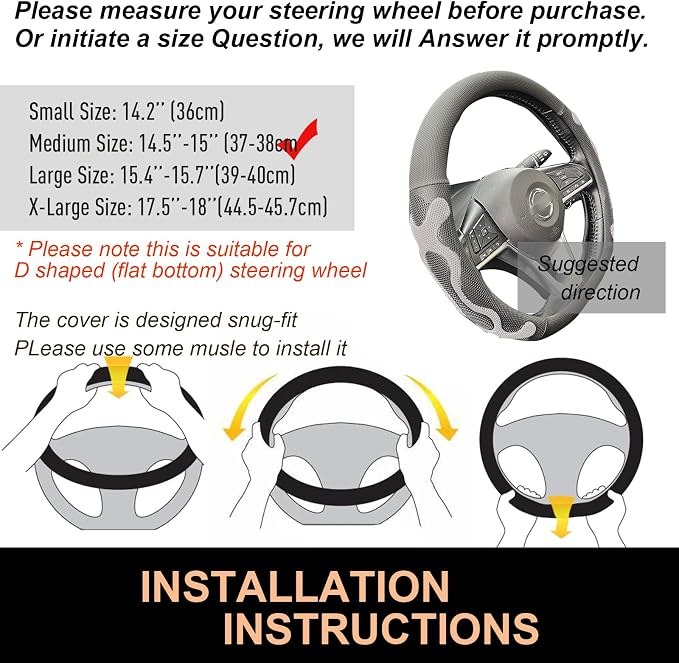 PINCTROT D Shaped Comfy Grip Steering Wheel Cover, Anti-Slip Design, Flat Bottom 14.5-15 Inch(Silicone Gray)