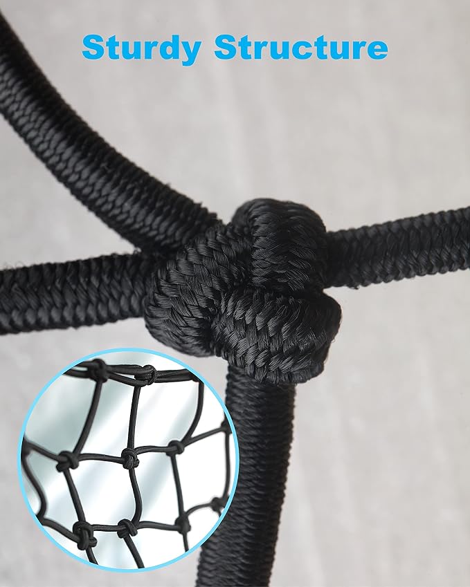 2 Pack Black Cargo Nets, Heavy Duty Latex 17"X17" Bungee Net Stretches to 34"x34", Gear Helmet Luggage Net with Tight 2.3"x2.3" Mesh & 12 Adjustable Plastic Hooks for Motorcycle, Bike, ATV