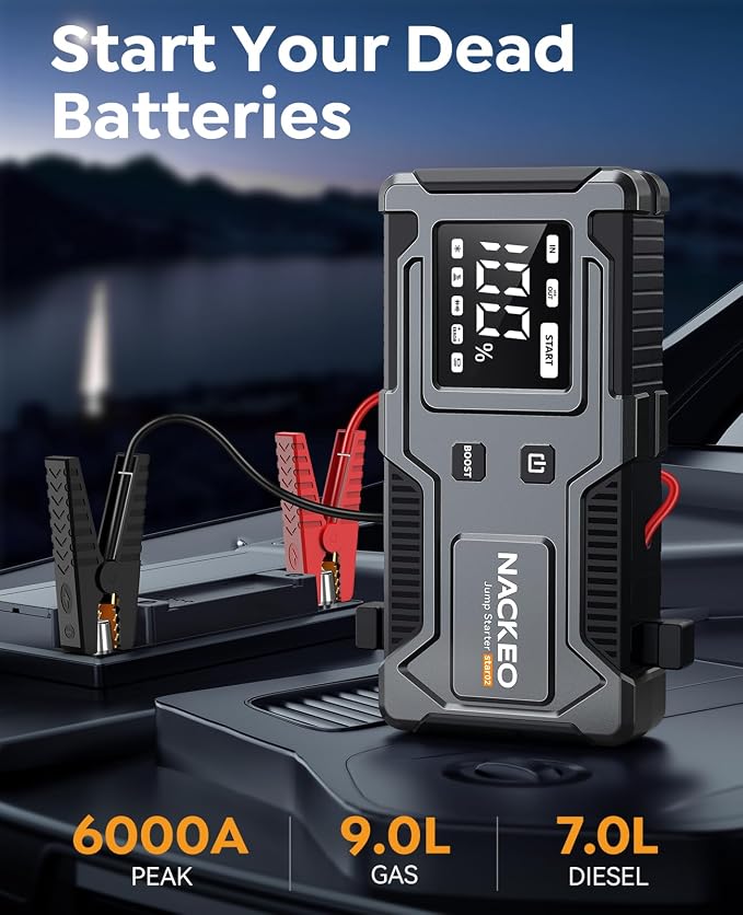 Jump Starter 6000A, 12V Car Battery Jump Starter with Built-in Smart Jumper Cables, Car Jump Starter Jump Box Portable Jumper Cables for car (9.0L Gas/7.0L Diesel), LCD Display, LED Light