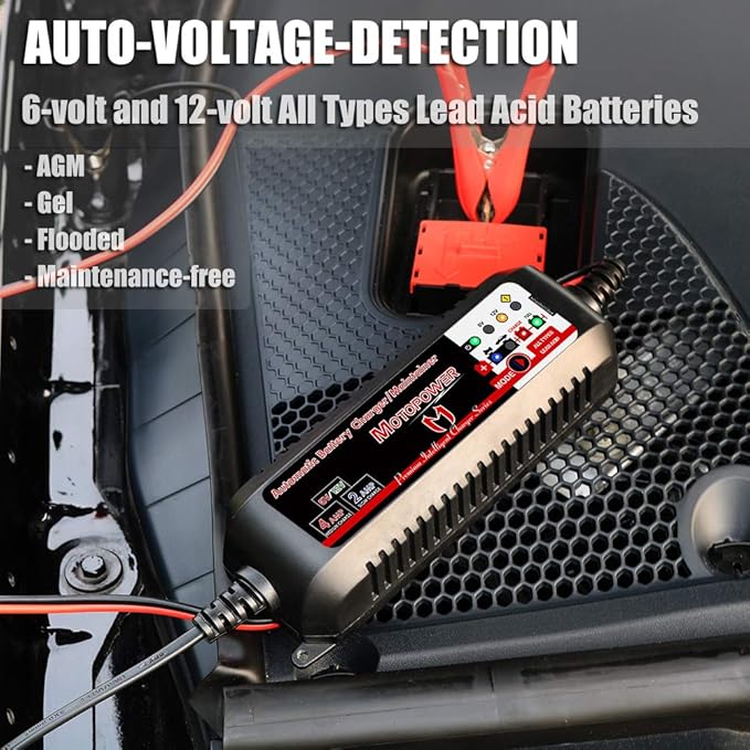 MOTOPOWER MP00207 6V and 12V 4AMP Automatic Smart Battery Charger | Battery Charger, Battery Maintainer, Battery Desulfator with Force Charging Recondition Mode