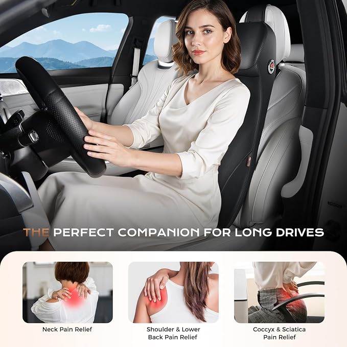 Coverado Car Seat Cushion and Lumbar Support Headrest Pillow, Integrated Ergonomic Memory Foam Back Support Neck Pillow, Soft Leather Breathable Driving Seat Cushion for Sciatica Pain Relief, Black