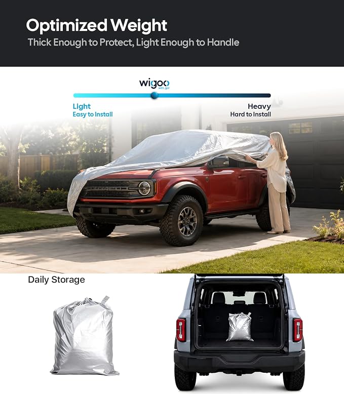 Wigoo Ford Bronco 4-Door Car Cover Accessories 2021-2026, Custom Fit Waterproof All Weather Outdoor Indoor Full SUV Cover, Windproof Sun UV Rain Snow Dust Protection, Door Zipper, Reflective Strips