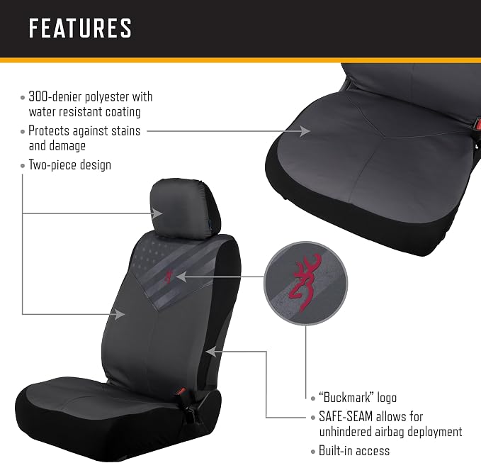 Browning Universal Low Back and Bench Seat Covers, Water and Dirt Resistant Car, Truck, and SUV Seat Covers, Traditional (Gray/Flag), Low Back (Single)
