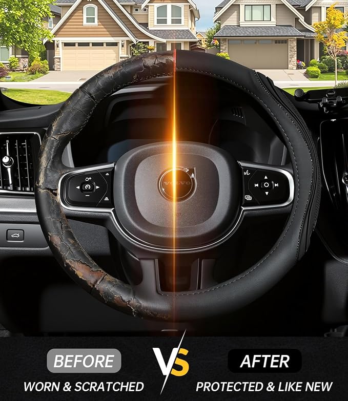XCBYT Steering Wheel Cover - Black Leather Steering Wheel Wrap Great Grip with 3D Honeycomb Quick and Effortless Installation Non-Slip Silicone Inner Ring for Women Man Universal Fit 14.5-15 Inch