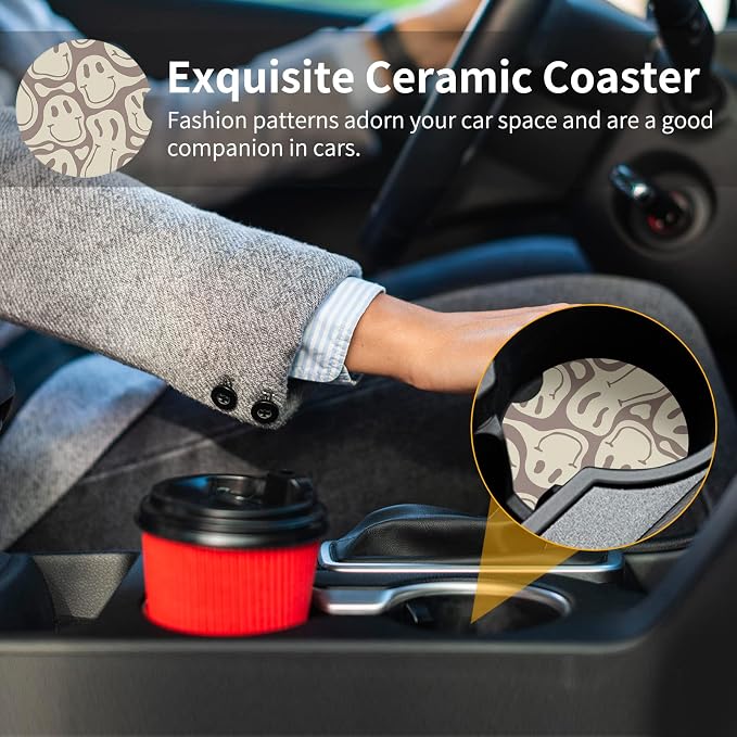 Car Coasters,Purple Smily Absorbent 2 Pack for Cup Holders with Finger Notch,2.56 inches Ceramics Heat Resistant Anti Slip Cork Base Car Drinks Coasters Auto Cup Holder(Apricot Smily)