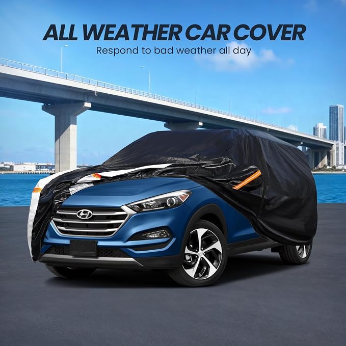 Multi-Layer Car Cover Custom Fit for Hyundai Tucson (ix35)(2015-2026), 100% Waterproof All Weather for Automobiles, Gift with Towel, Heavy Duty Car Covers for Rain Sun UV Protection with Door Zipper