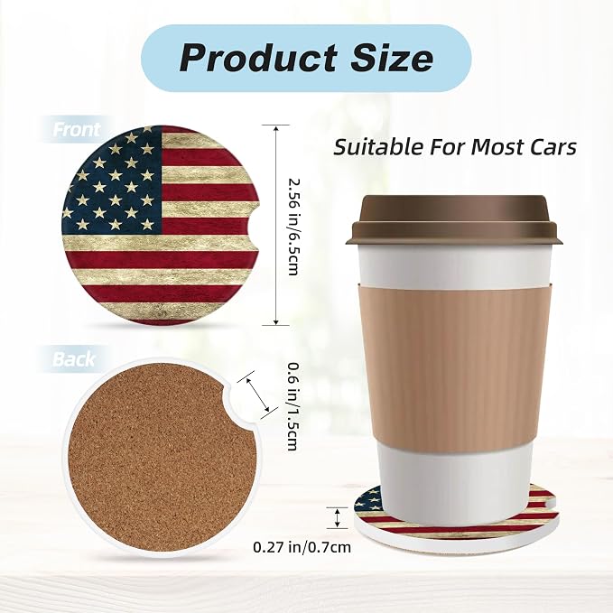 American Flag Car Coasters for Cup Holders,2 Pack Car Cup Holder Coasters for Car,Ceramic Absorbent Car Coaster with A Finger Notch and Cork Base,Car Interior Accessories for Women Men