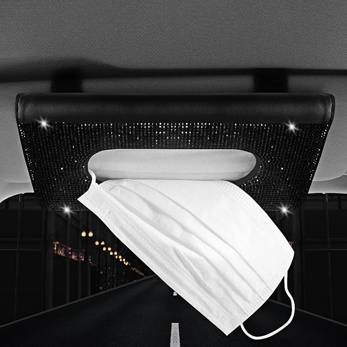 【2026 Upgraded】 Bling Car Sun Visor Tissue Box with Refills Paper Towels, PU Leather Backseat Mask Case,Crystal Sparkling Napkin Holder, Handmade Decoration Accessories for Women,Girls,Ladies as Gift