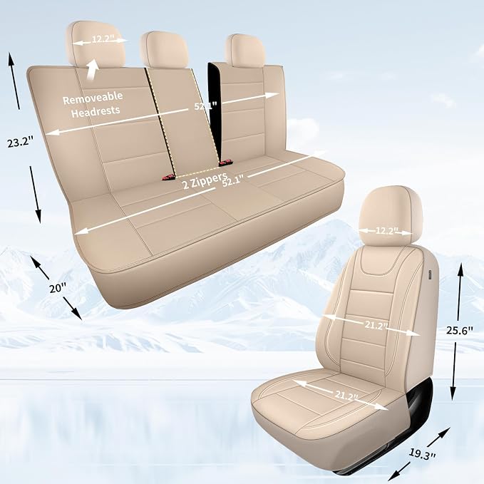 HChengkikz Car Seat Cover, Waterproof Faux Leather (Beige) | Car Seat Protectors, Quilting, Easy to install, Airbag Compatible, Universal Fit for Most Suvs, Trucks, SUVs