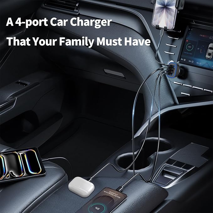 90W 4 Port USB C Super Fast Car Charger for iPhone 17 Pro Max/Android Phone | for iPhone 17/16/15/Samsung Galaxy S26/S25 etc. Dual 45W USBC& 22.5W USB Port, 2*3.3ft Type C Cable, Road Trip Essentials