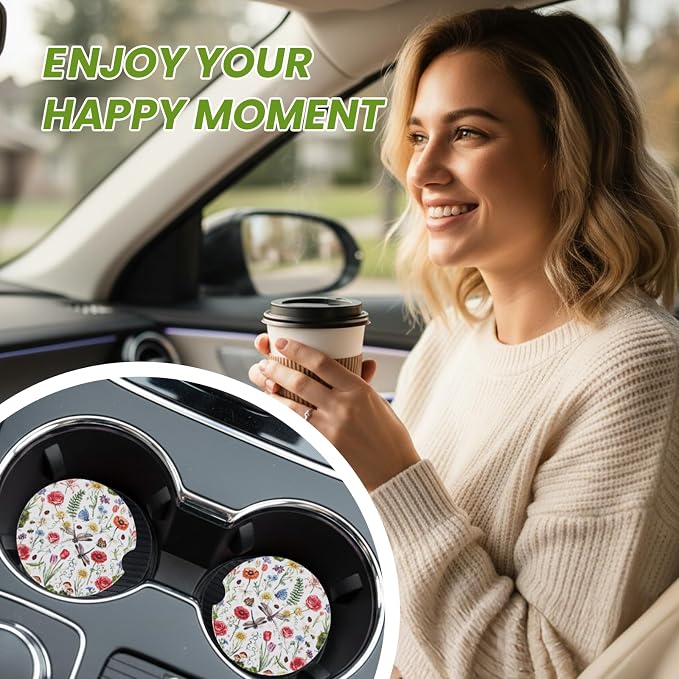 2 Pack Flower Car Coasters for Women Car Cup Holder Coasters, 2.63 Inch Anti Slip Ceramic Absorbent Coaster with Cork Base and Finger Notch, Cute Car Accessories Interior