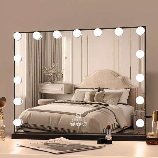 FENCHILIN Vanity Mirror with Lights 22.8''x 18.1'', Hollywood Lighted Mirror with Dimmer Bulbs, Vanity Makeup Mirror Smart Touch Control, Tabletop, Black