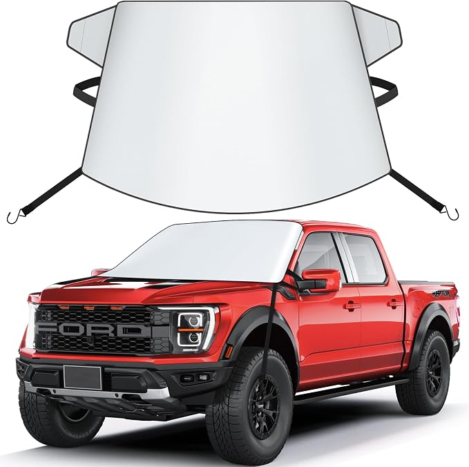 Zettum Truck Windshield Sun Cover - 600D Windshield Sun Shade Window Cover for Pickup Truck Heavy Duty, Outside Summer Sunshade Protector for Ford F150, Silverado, GMC Sierra, Ram, Van, and More