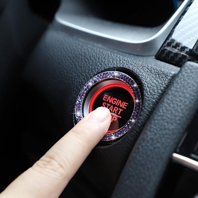 WINKA 2pcs Bling Car Engine Start Button Cover Diamond Crystal Push Start Stop Button Ring Sparkly Bling Ignition Button Cover Rhinestone Keyless Ignition Ring Universal Car Accessories (Light Purple)