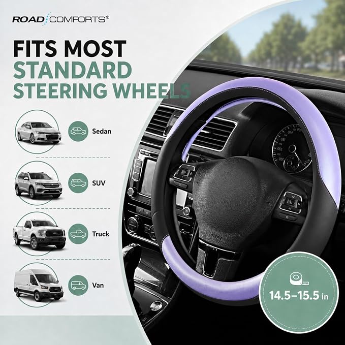 Road Comforts Steering Wheel Cover – Breathable Leather Steering Wheel Cover, Anti-Slip Grip, Universal Fit 14.5” to 15”, Heat & Cold Resistant for Cars, SUVs, and Trucks – Black & Shining Purple