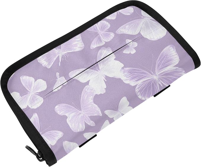Purple White Butterfly Car Tissue Holder Durable Napkin Holder Hanging Tissue Holders Case Car Tissues Bag for Sun Visor Seat Back Universal Auto