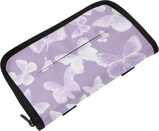Purple White Butterfly Car Tissue Holder Durable Napkin Holder Hanging Tissue Holders Case Car Tissues Bag for Sun Visor Seat Back Universal Auto