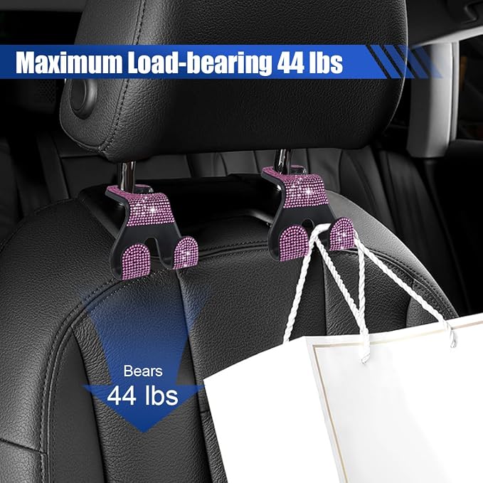 LAINLOY 2PCS Car Seat Headrest Hooks, Shiny Crystal Hanger Holder, Backseat Hanger Storage Organizer, Bling Rhinestone Car Purse Hook, Car Accessories for Women Universal for SUV Truck Vehicle (Pink)