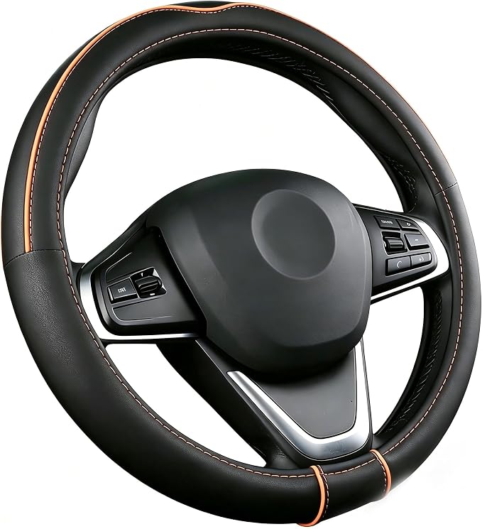 SHIAWASENA Auto Car Steering Wheel Cover, Universal 15 Inch Fit, Soft Leather, Breathable Anti Slip (Black&Orange)