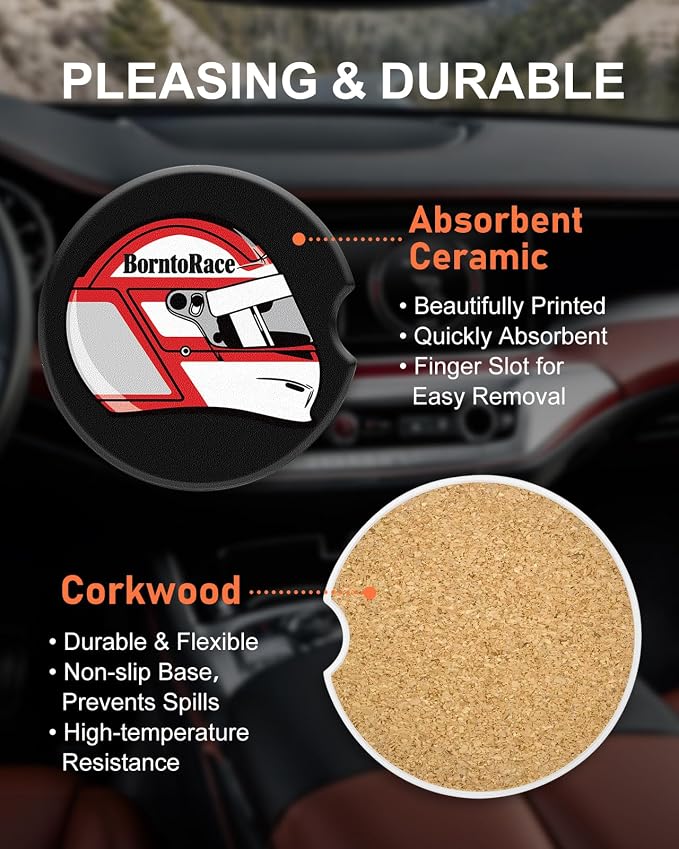 Swooflia Car Coasters for Men - Helmet Ceramic Car Cupholder Coaster Cool Absorbent Mat Coaster with Cork Base 2 Pack Automotive Cup Holder Accessories New Driver Gifts
