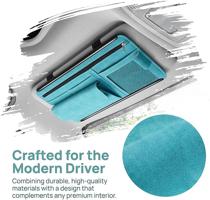 Car Sun Visor Organizer, Multi-Pocket Vehicle Sun Visor Storage Pouch with Sunglasses Box, Auto Interior Sunshade Eyeglasses Card Holder Organizers, Universal for SUV Sedan Truck (Blue)