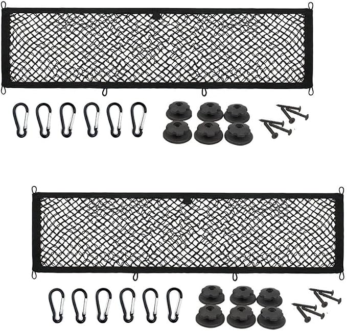 [2 PACK] JAVOedge Extra Large Cargo Net for Car, SUV, Truck, RV, Boat – Elastic Storage Mesh Organizer with Built‑In Hooks, 12 Screws & 12 Carabiners – Heavy‑Duty Trunk Cargo Net & Vehicle Storage Bag