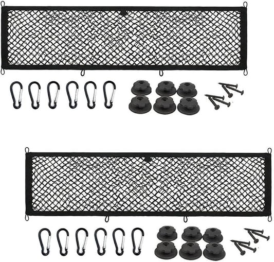 [2 PACK] JAVOedge Extra Large Cargo Net for Car, SUV, Truck, RV, Boat – Elastic Storage Mesh Organizer with Built‑In Hooks, 12 Screws & 12 Carabiners – Heavy‑Duty Trunk Cargo Net & Vehicle Storage Bag