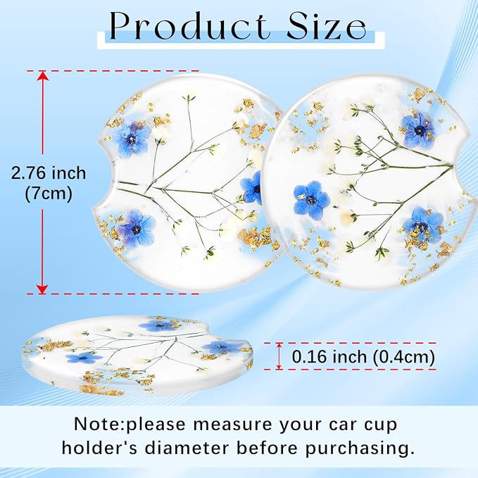 Swooflia Flower Car Cup Holder Coasters for Women - 2.75 Inch Cute Resin Clear Automotive Drink Cupholder Insert Car Accessories 2 Pack Blue