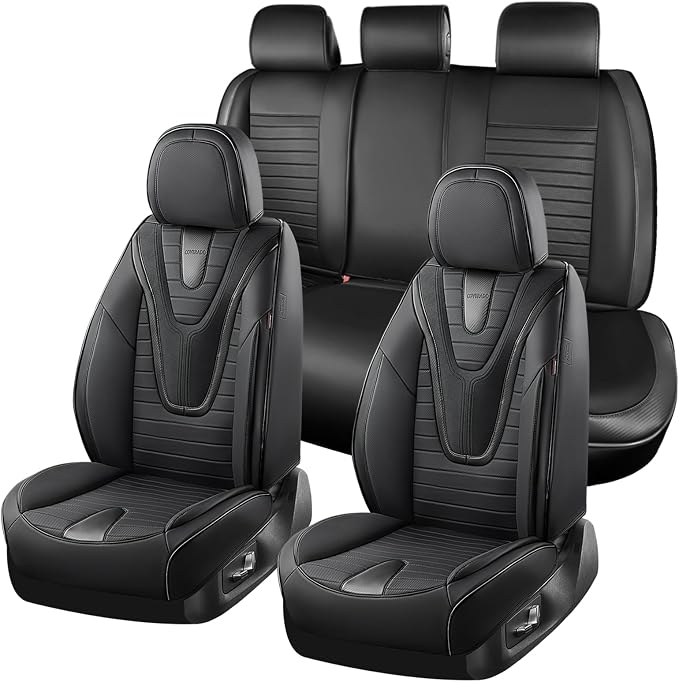 Coverado Car Seat Covers Full Set, 5 Pieces Waterproof Leather Seat Covers, Universal Fit for Cars SUVs Sedans,Black
