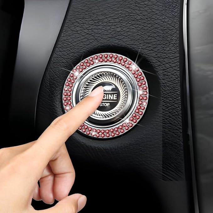 Bling Car Engine Start Ring Decals, 2PCS Sparkling Crystal Rhinestone Vehicle Push to Start Button Sticker, Diamond Auto Key Ignition Knob Decorative Ring, Universal for Vehicles (Red)