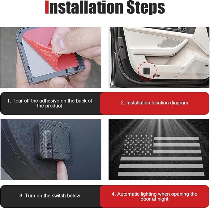 4 PCS Car Door Welcome Lights, Automotive Sill Decorative Ambient Lights, LED Projector Door Step Light with American Flag Pattern, Universal for Most Cars (Black)