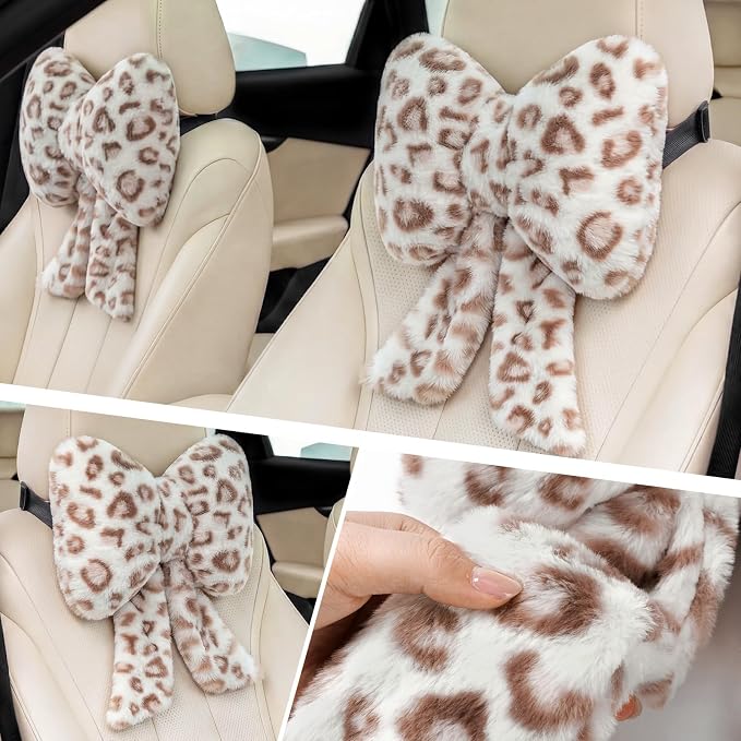 Macarrie 2 Pcs Car Neck Pillow Plush Butterfly Bow Car Headrest Pillow Comfortable Seat Neck Support Cute Head Rest Accessories for Driving Travel Driver Chair Girl Interior Decor(White,Leopard)
