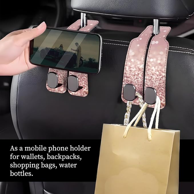 Car Seat Headrest Hook, Universal Leather Cute Hanger Holder Hook, Storage Organizer Interior Accessories for Purse Bags Handbag Glitter Pink Pattern