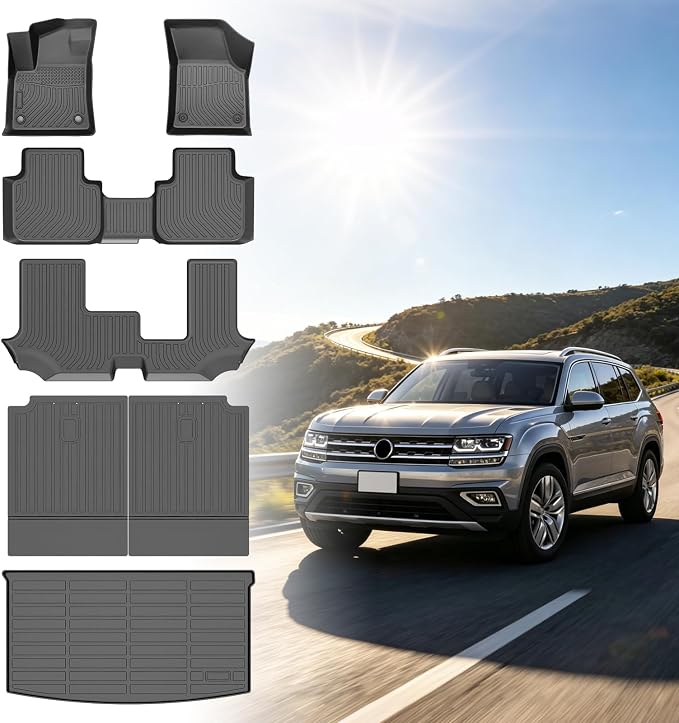 Floor Mats for VW Atlas 2018-2026, ONLY 7 Bench Seats, NOT for Cross Sport | for Volkswagen Atlas TPE Floor Mats, Non-Slip Waterproof Front& Rear& 3rd Row & Cargo & Backrest Mats