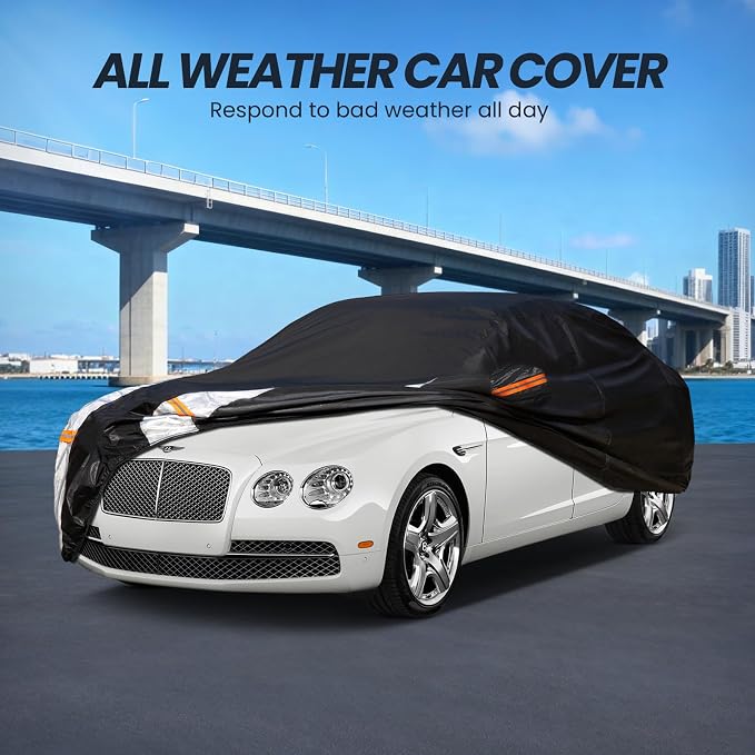 Multi-Layer Car Cover Custom Fit for Bentley Flying Spur(2013-2026), 100% Waterproof All Weather for Automobiles, Gift with Towel, Heavy Duty Car Covers for Rain Sun UV Protection with Door Zipper.
