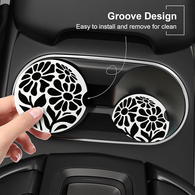 Ceramic Car Coasters – Absorbent Car Cup Holder Coaster Set for Women, Cute Aesthetic Car Accessories for Girls, 2 Pack (Onyx)