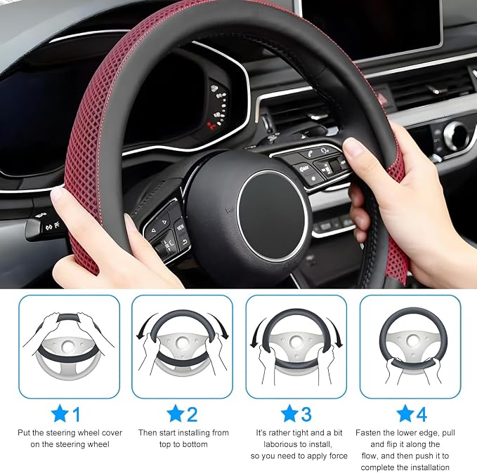 Car Steering Wheel Cover, 14.5-15" Microfiber Leather Ice Silk Breathable Non-Slip Steering Wheel Protector, Cool Auto Interior Decor Accessories, Universal for Truck SUV Van (Red)