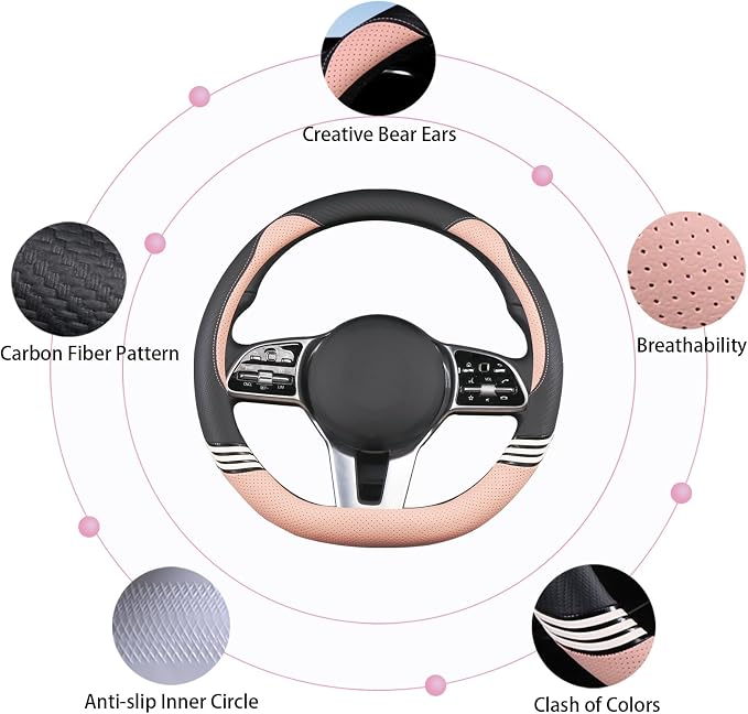 14 inch Cute Leather D Shape Steering Wheel Cover Black Pink | Breathable Faux Leather and Carbon Fiber Flat Bottom Car Accessories for Women Men Small 13.5 inch to 14 inch