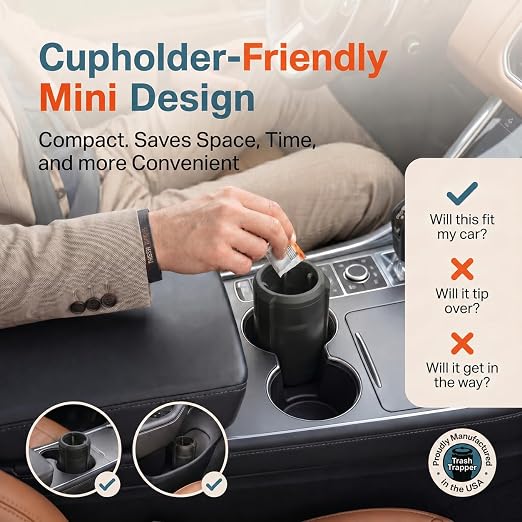 Trash Trapper Car Trash Can Cup Holder | Mini Car Trash Can | Fits in Most Doors | 5.1" x 2.9" | Traps More & Empties Less, Patent-Pending Compaction, Holds Weeks of Small Garbage, Black/Teal