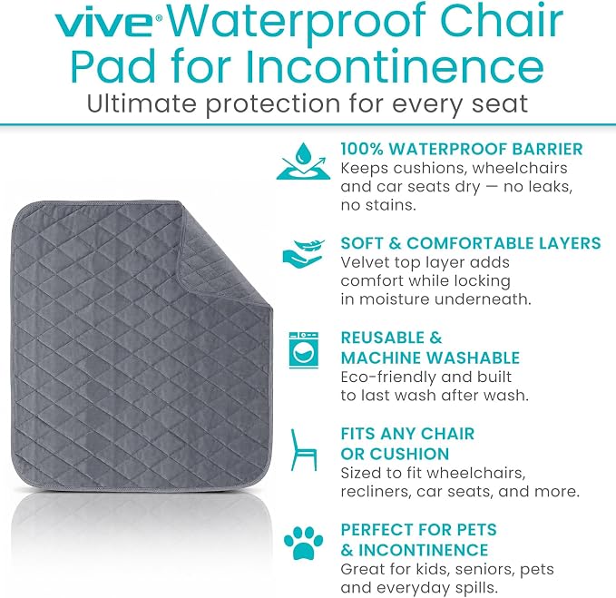 Sures Waterproof Chair Pads for Incontinence (22" x 21") - Washable, Waterproof Seat Protector - Chair Protector Seat Cover - Absorbent Pad for Bed, Seat, Car, Wheelchair & Recliner (Gray, 2 Pack)