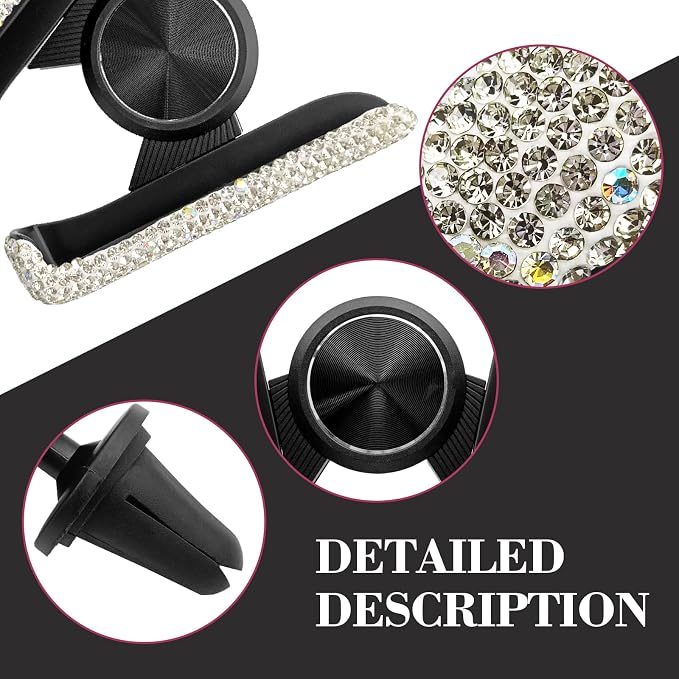 Bling Rhinestone Car Phone Holder, Mini Universal 360° Adjustable Auto Mount For Dash & Air Vent, Crystal Car Accessories For Women & Girls (White)