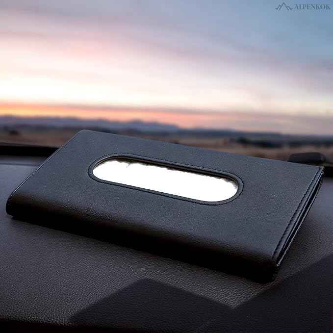 9.1 × 4.7 x 1.5 Car Tissue Holder — PU Leather Sun Visor Tissue Holder for Car with Ergonomic Take-Out Port, Universal Fit — Refillable Napkin Storage with Metal Clip Mount, Quick Install in Seconds