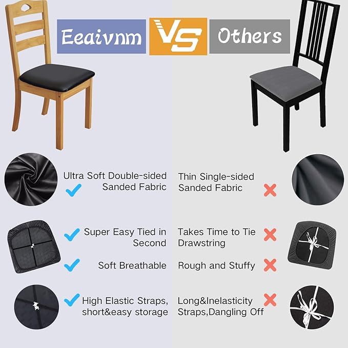 Leather Stretch Chair Seat Covers with Elastic Ties,Waterproof Dining Room PU Leather Chair Cover Seats,Removable Washable Chair Protector Seat Cushion Slipcovers for Home,Kitchen (Black, 4 PCS)