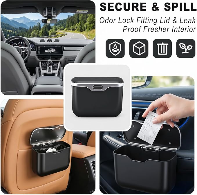 Car Trash Can with Lid, Leakproof Auto Garbage Bin, Hanging Mini Vehicle Trash Bin, Essentials Interior Car Accessories for Organizer, Vehicle Garbage Can for SUV, Truck, Auto (Black)