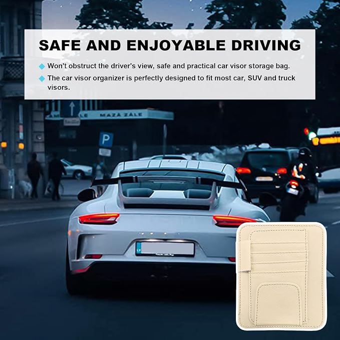 Dickno 2PCS Small Leather Car Sun Visor Organizer, Multifunctional Auto Visor Document Holder with Sunglasses Clip, Universal Car Interior Organizer for Drving License, Card, Pen (Beige)